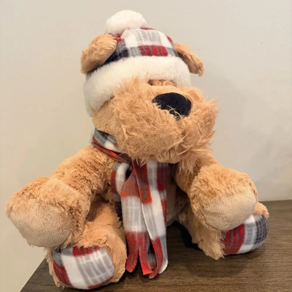 GT Gentle Treasures Tan Brown Sitting Puppy Dog Plaid Winter Hat Scarf 12